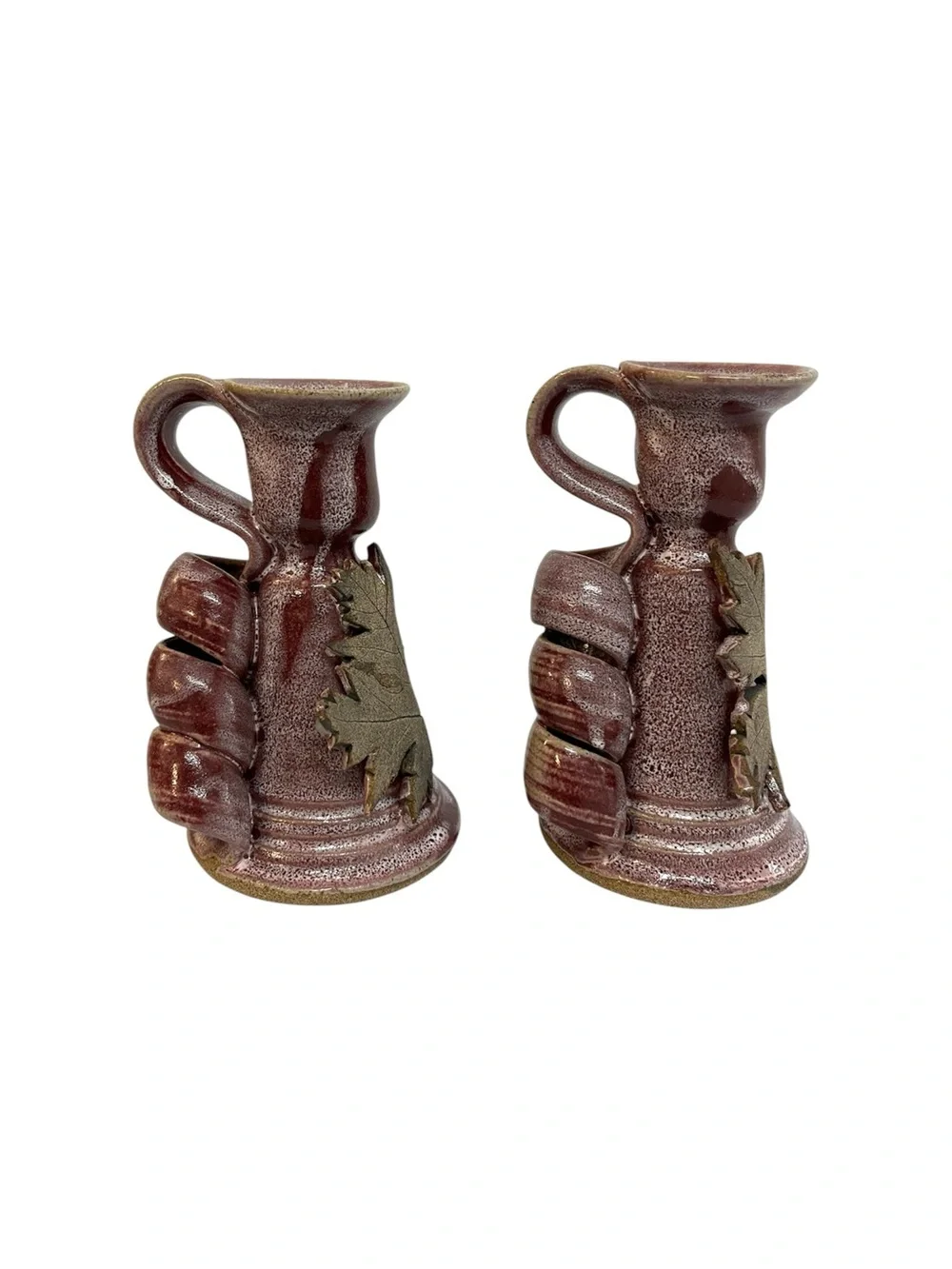 Pair Of Studio Pottery Taper Candlesticks 3D Maple Leaves Mulberry Purple Glaze